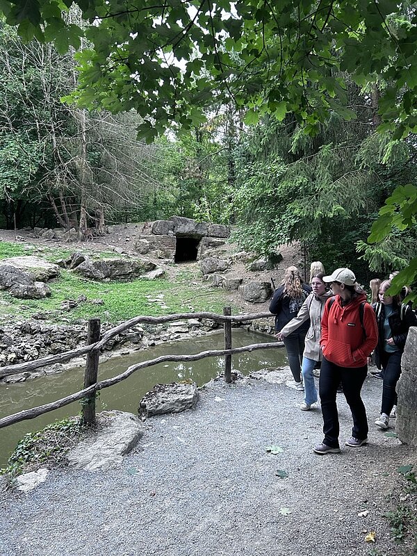 Die Auszubildenden wandern am Bach des Wildparks entlang.