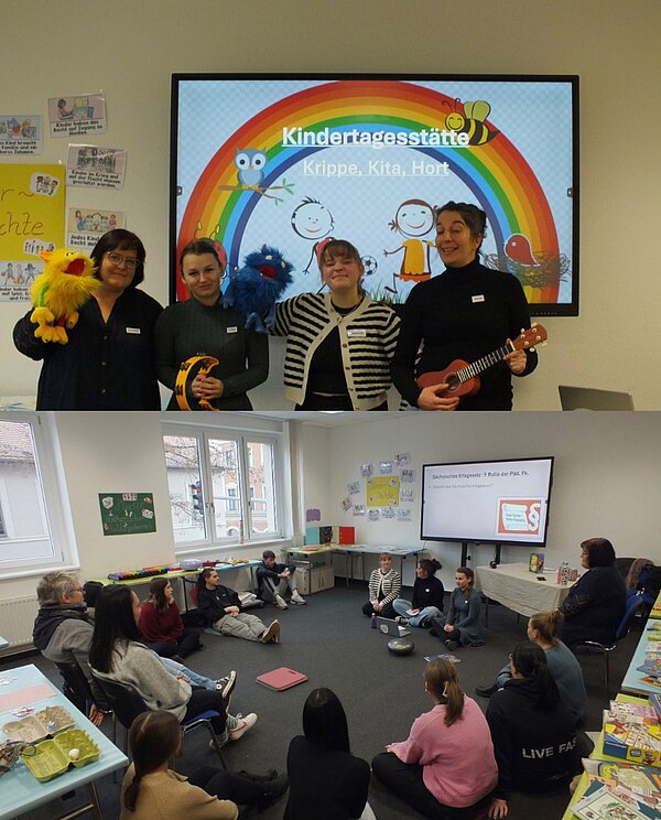 Ein collageartiges Foto: Oben stehen vier Frauen nebeneinander vor einem Bildschirm mit einer bunten Präsentationsfolie zur „Kindertagesstätte – Krippe, Kita, Hort“, sie halten Handpuppen und kleine Musikinstrumente in den Händen. Unten sitzen Menschen in einem Sitzkreis, während vorne mehrere Personen neben einem Bildschirm mit einer weiteren Folie zur Kindertagesstätte sitzen und etwas erklären.