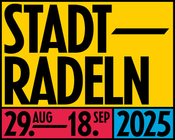 Bunte Grafik in Gelb, Rot und Blau, mit schwarzem Schriftzug und Termin zum Stadtradeln.