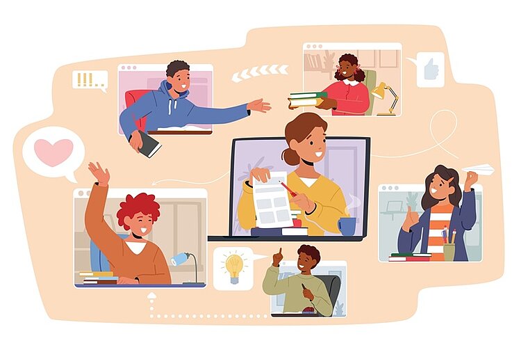 Schnupperstunde Ilustration eines virtuellen Klassenzimmers in Cartoonform, mit Schulkindern und der Lehrerin in der Mitte des Bildschirms.