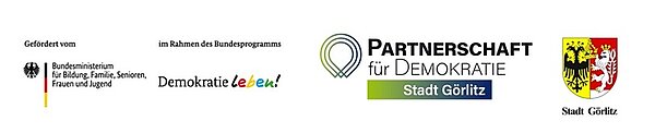 Logos deutscher Organisationen, die die Demokratie unterstützen, darunter das Bundesministerium für Familie, die Partnerschaft für Demokratie und die Stadt Görlitz.