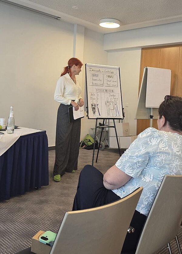 Eine Frau mit roten Haaren und einem weißen Oberteil steht vor einem Flipchart, auf dem Skizzen von Kleidungsstücken und Notizen zu sehen sind. Sie scheint eine Präsentation zu halten. Im Vordergrund sitzt eine Person mit dem Rücken zur Kamera.