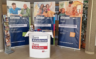 Blick auf den Messestand der Euro Akademie Pößneck, im Hintergrund stehen drei große Roll-ups, links ein schmales Stehregal aus Metall, in dem Informationsflyer und -broschüren einsortiert sind sowie ein Stehtisch mit großem Euro Akademie und Euro-Schulen-Logo.