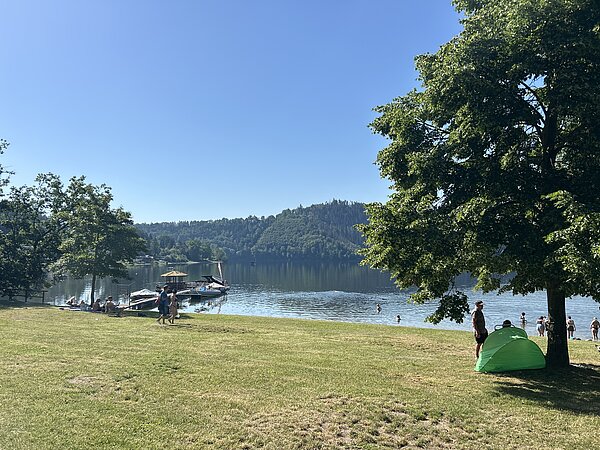 Blick von einer Wiese auf einen See mit bewaldeten Hügeln im Hintergrund; am Ufer sind Bäume und Menschen zu sehen.