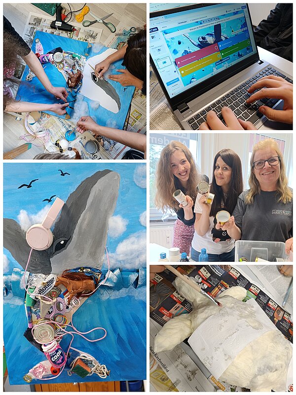 Collage eines kreativen Upcycling-Projekts: Teilnehmende gestalten aus Verpackungen und anderen Materialien ein Walbild, recherchieren am Laptop zum Thema Plastik im Meer und präsentieren gesammelte Dosen und Bastelmaterialien.