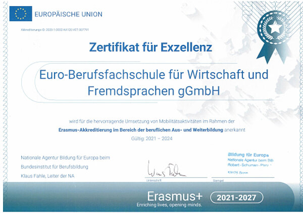 Erasmus+: Euro Akademie erhält Zertifikat für Exzellenz