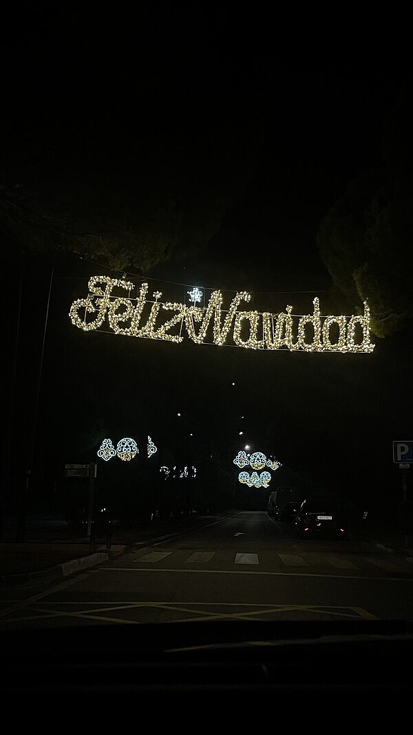 Nachtaufnahme einer Straße, über der in leuchtenden Lichterketten „Feliz Navidad“ und weitere festliche Ornamente hängen, im Hintergrund kaum sichtbare Autos und Bäume.