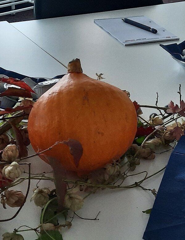 Ein kleiner Hokaidokürbis liegt auf einem weißen Tisch.