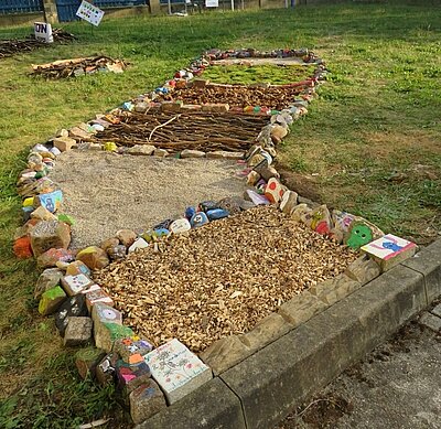 Sinnespfad mit seinen einzelnen Stationen wie Holzspähne, Sand, Stöcker, Steine, Moos zum Hindurchgehen