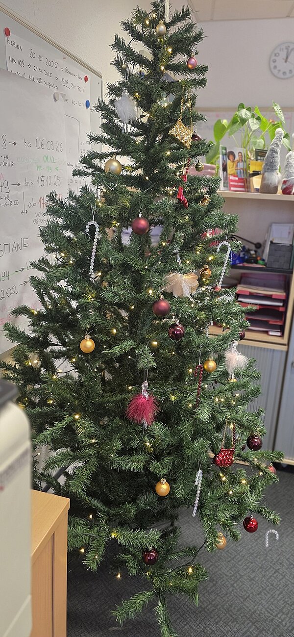 Ein weihnachtlich geschmückter, künstlicher Weihnachtsbaum steht in einem Büro- oder Klassenraum der Euro-Schulen und Euro Akademien in Dresden, Meißen oder Riesa. Der Baum ist mit goldfarbenen, roten und weißen Kugeln sowie mit silbernen Zuckerstangen und kleinen Federn in Rot und Weiß dekoriert. Im Hintergrund sind ein Whiteboard mit handschriftlichen Notizen, ein Regal mit Ordnern und Pflanzen sowie eine Wanduhr zu sehen. Der Raum wirkt festlich und zugleich funktional eingerichtet.