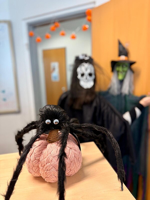 Gruselstimmung pur an der Euro-Schule & Euro-Akademie Dresden! Eine schwarz gekleidete Person mit Totenkopfmaske steht vor einer Tür, neben ihr hängt eine grüne Hexendekoration mit Hut. Im Vordergrund ist erneut die Spinne auf dem rosa Kürbis zu sehen.