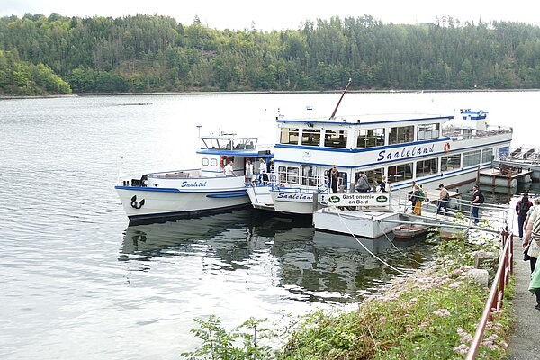 Zwei weiß-blaue Fahrgastschiffe mit den Namen „Saaletal“ und „Saaleland“ liegen an einem Anleger auf einem Stausee.