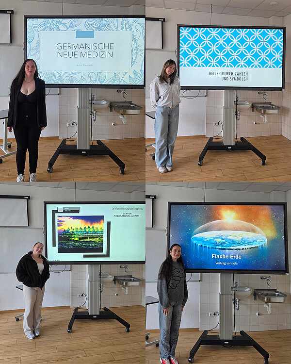 Vier Bilder in einem: Links: Eine Person steht vor einem Bildschirm mit dem Titel „Germanische Neue Medizin“ von Anne W. Rechts: Eine Person steht vor einem Bildschirm mit dem Titel „Heilen durch Zahlen und Symbole“. Darunter: Links: Eine Person steht vor einem Bildschirm, auf dem „Verschworungstheorien Denver International Airport“ angezeigt wird. Rechts: Eine Person steht vor einem Bildschirm mit dem Titel „Flache Erde“ und einem Vortrag von Iola.