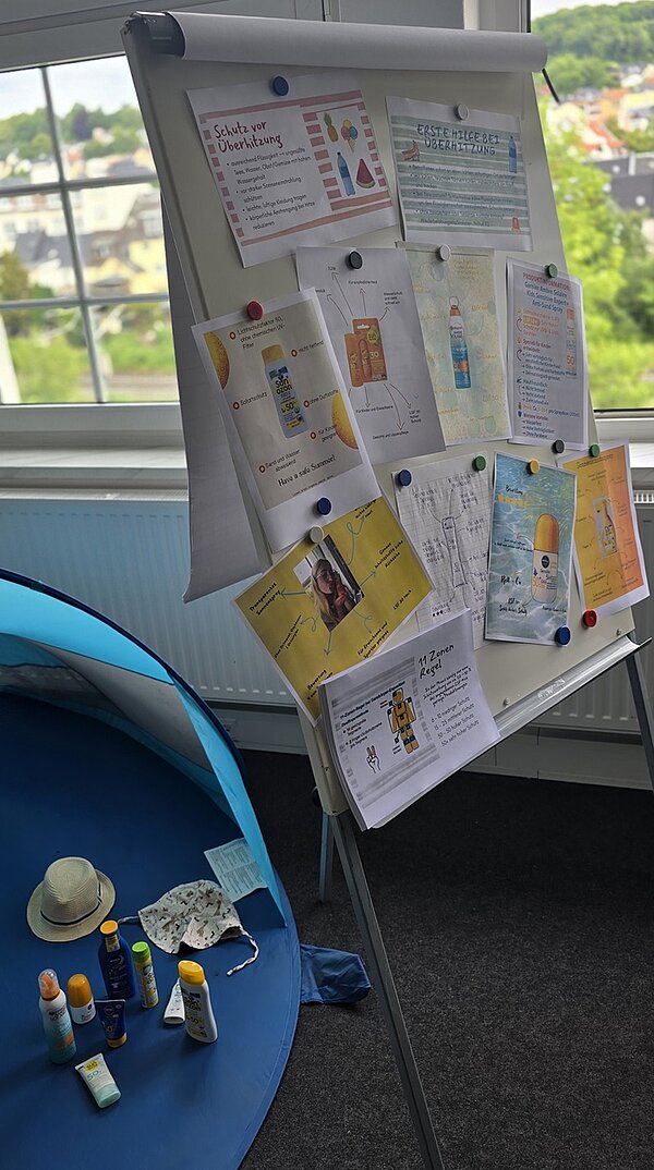 Flipchart mit erarbeiteten Informationen der Auszubildenden. Auf einem Tisch nebenan stehen unterschiedliche Sonnencremes und Sonnenhüte.
