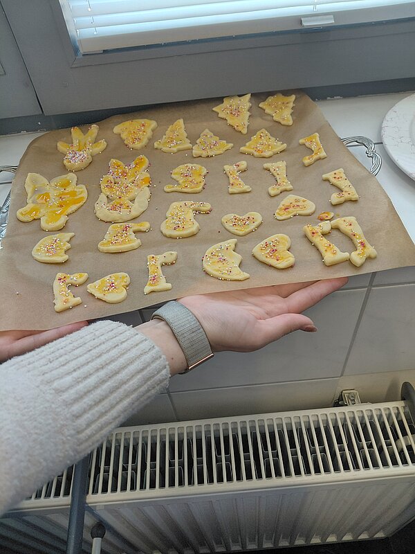 Ein Backblech mit ungebackenen, bunt bestreuten Plätzchen in unterschiedlichen Weihnachtsformen wird von einer Hand über einer Heizung gehalten.