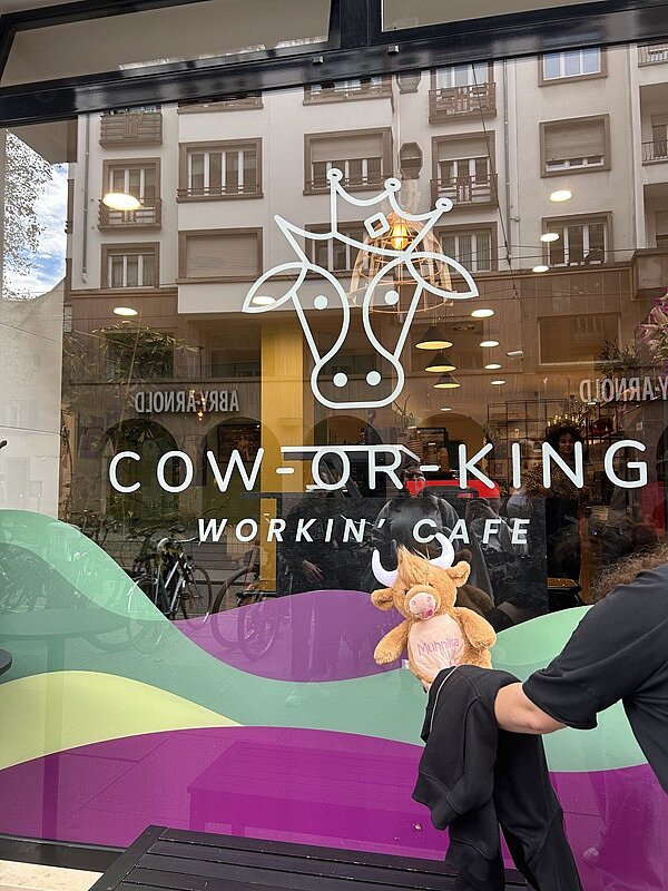 Euro Akademie Maskotchen Stofftier fotografiert vor einem Cow-Working Café.