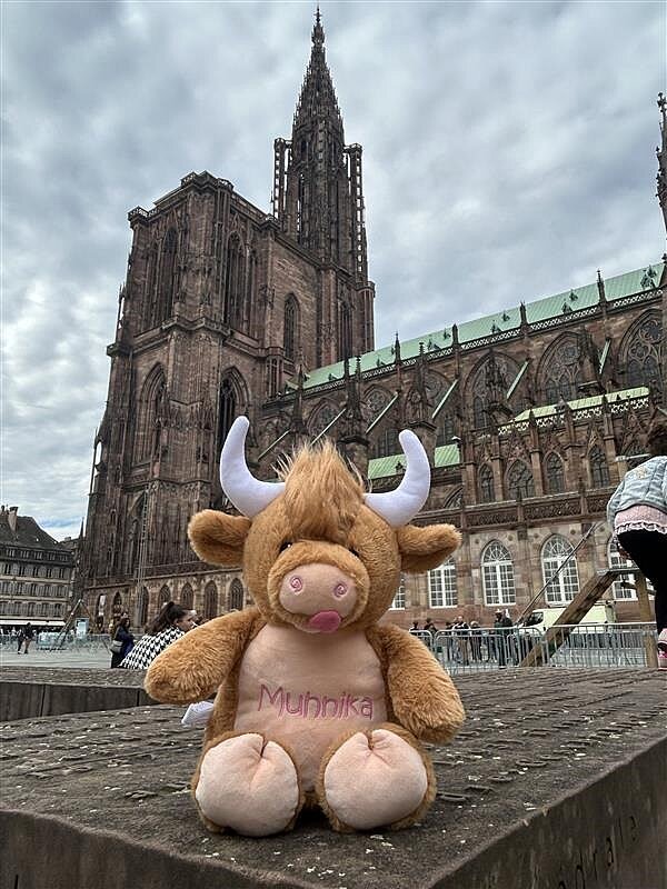 Euro Akademie Maskotchen fotografiert vor der Kathedrale.