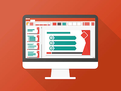 Auf dem Bildschirm ist eine Präsentation oder ein Dashboard einer Projektmanagement-Software zu sehen. Links befindet sich eine Navigationsleiste mit verschiedenen Symbolen und Optionen. In der Mitte des Bildschirms sind drei horizontale Fortschrittsbalken mit den Nummern 1, 2 und 3 zu sehen, die den Status oder die Schritte eines Projekts darstellen. Rechts daneben befindet sich ein rotes, grafisches Element, das möglicherweise als Trennlinie oder Design-Akzent dient. Der Hintergrund des Bildschirms ist weiß, während der Rahmen des Bildes und der Hintergrund der Grafik rot sind.