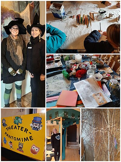 Collage aus einem Kreativ-Workshop: zwei Personen mit Hexenhüten, Kinder am Basteltisch mit Buntstiften und Holzanhängern, Materialtisch mit Papieren und Garn, gelbes Schild „Theater-Pantomime“, kleine Bühne mit Vorhang und Lichterkette sowie Birkenzweige mit Lichterdeko.