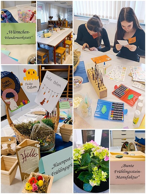 Mehrere Szenen zeigen in einer Bildcollage einen hellen Bastelraum mit langen Tischen, Bastelmaterialien und Frühlingsdekorationen. Zwei Personen sitzen nebeneinander und bemalen kleine Gegenstände im Rahmen des Tages der offenen Tür der Euro Akademie Rochlitz. Ein Korb mit Osterkarten, Holzboxen und Dekorationselementen steht auf einem Tisch. Verschiedene Bastelutensilien wie Farben, Pinsel, Stifte und Papier sind ordentlich angeordnet. Ein Arrangement aus bunten Frühlingsblumen steht in einer Holzbox. Mehrere Schilder mit handgeschriebenen Grüßen und Motiven sind sichtbar.