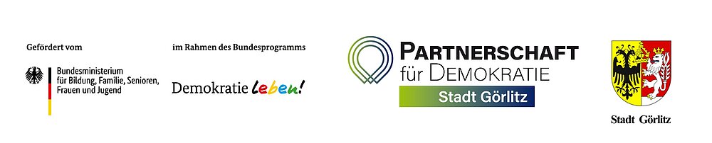 Das Logo des Bildungsministeriums, der Demokratie lebt, von der Partnerschaft Demokratie Stadt Görlitz und von der Stadt Görlitz