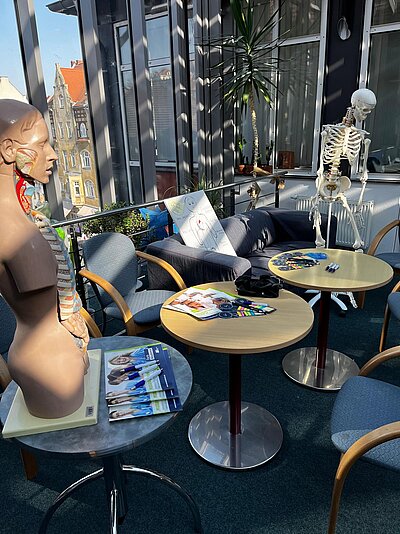 Drei runde Tische stehen in der Mitte von mehreren Stühlen. Auf zwei der Tische stehen Oberteile von Skeletten.