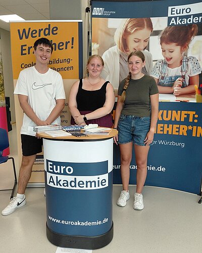 Zwei junge Frauen und ein junger Mann stehen lächelnd hinter einem runden Infotisch der Euro Akademie. Im Hintergrund sind Roll-up-Banner mit Motiven der Euro Akademie und dem Slogan „Werde Erzieher! Coole Ausbildung – Top Chancen“ zu sehen. Auf dem Tisch liegen Flyer und Informationsmaterialien.