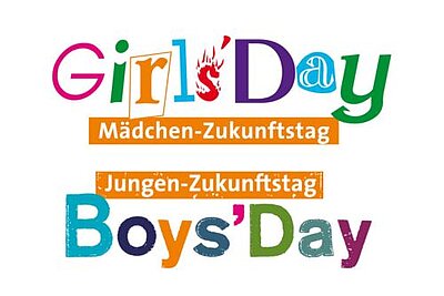 Buntes Logo von Girls’Day und Boys’Day mit den Schriftzügen „Mädchen-Zukunftstag“ und „Jungen-Zukunftstag“ auf hellem Hintergrund.