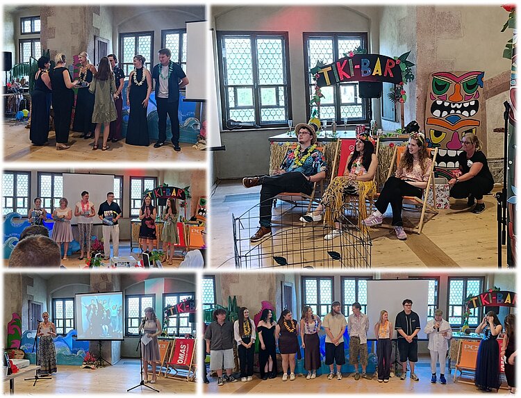 Collage einer Veranstaltung mit Präsentationen, Gruppen auf der Bühne, Ehrungen und einer Tiki-Bar-Dekoration in einem festlich geschmückten Saal.