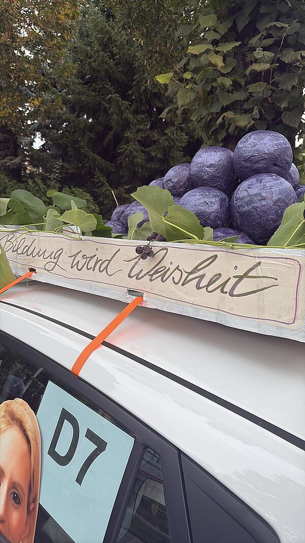 Auf dem Dach eines weißen Autos sind luftballongroße, selbstgebastelte Weintrauben befestigt. Darunter steht der Schriftzug "Bildung wird Weisheit".