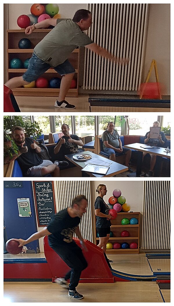 Voller Einsatz auf der Bowlingbahn Collage von Action auf der Bowlingbahn: Auf dem oberen und unteren Bild sieht man jeweils einen Mann, der gerade dabei ist, eine Kugel zu werfen. Auf dem mittleren Bild sieht man vier Männer am Tisch sitzen, von denen zwei die erhobenen Daumen in die Kamera halten.