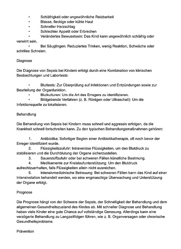 Ein weißes Dokument mit schwarzer Schrift, in dem es um Aufklärung bei einer Blutvergiftung geht.