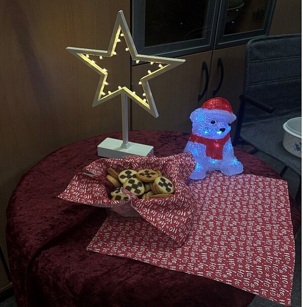 Kleiner runder Tisch mit rotem Tuch, Schale voller Plätzchen, leuchtendem Deko-Stern und blauem Eisbär mit Weihnachtsmütze.