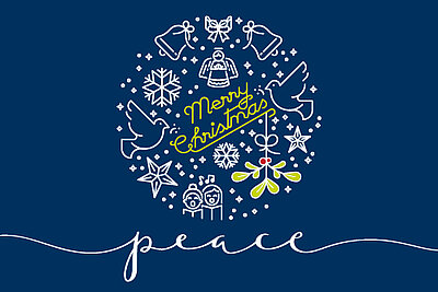 Eine festliche Grafikmit einer kreisförmigen Anordnung von weihnachtlichen Symbolen wie Schneeflocken, Glocken, Zuckerstangen und Engeln auf einem dunkelblauen Hintergrund. In der Mitte stehen die Worte ‘Merry Christmas’ in einer stilisierten gelben Schrift, umgeben von einer dekorativen Umrandung. Darunter befindet sich das Wort ‘peace’ in weißer, kursiver Schrift.