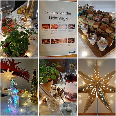 Bildcollage mit kulinarischen Angeboten und Lichtdekorationen der Euro Akademie Rochlitz. Gezeigt werden Getränke mit frischen Kräutern und Früchten, stimmungsvolle Lichterflaschen, ein Buffet mit Kuchenwürfeln und liebevoll angerichteten Snacks sowie eine Übersicht der Speisen unter dem Titel Leckereien der Lichtmagie. Die dekorativen Lichtobjekte, Pflanzen und Gläser schaffen eine einladende Atmosphäre für die Besucherinnen und Besucher.
