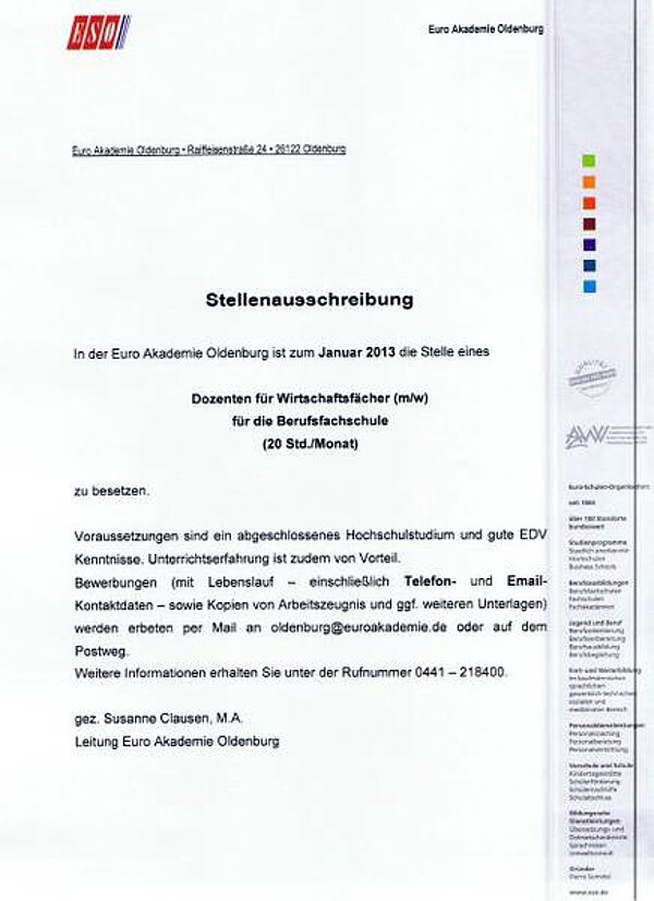 Stellenausschreibung ab Januar 2013
