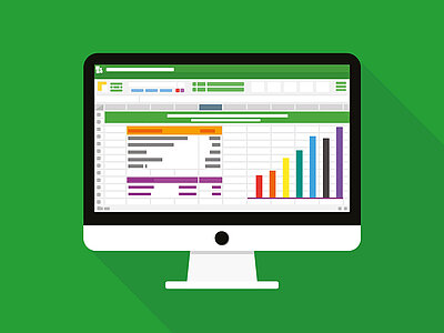 Auf dem Bild ist ein Computerbildschirm mit einer Projektmanagement-Software oder einem Gantt-Diagramm zu sehen. Der Bildschirm zeigt eine tabellarische Übersicht mit farbigen Balken, die verschiedene Aufgaben oder Zeitpläne darstellen. Rechts im Bildschirm ist ein Balkendiagramm mit verschiedenen Farben (rot, orange, gelb, blau, lila), das den Fortschritt oder die Verteilung von Aufgaben visualisiert. Der Hintergrund des Bildes ist grün.