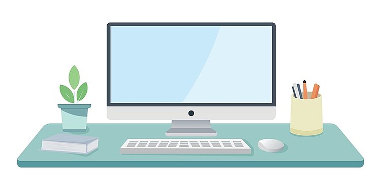 Ein Schreibtisch mit einem großen Monitor in der Mitte, einer flachen Tastatur und einer Computermaus. Links steht ein kleiner Blumentopf mit einer Pflanze, daneben liegt ein geschlossenes Buch. Rechts befindet sich ein Stiftehalter mit mehreren Stiften. Die Anordnung ist ordentlich und die Farben sind dezent gehalten.