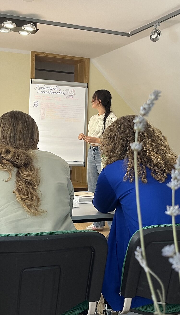Weiterbildung: Kinder und Jugendliche ganzheitlich betrachten Die Dozentin steht vor einem Whiteboard, auf der ein Text notiert ist, der die Überschrift "Bedeutende Lebensbereiche" trägt. Die Rücken zweier Schülerinnen in der ersten Reihe sind ebenfalls sichtbar. Lustigerweise kann man ganz vorne im Bild unscharf ein paar Lavendelstile erkennen.