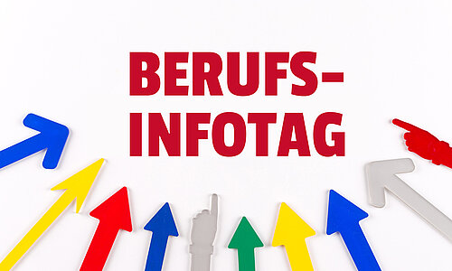 Unter der Aufschrift "Berufs-Infotag" in roten Lettern auf weißem Hintergrund zeigen bunte Pfeile in einem Halbkreis angeordnet auf diese Aufschrift. 