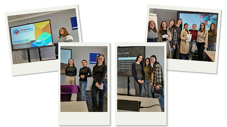 Fotocollage: Bild1 zeigt eine junge Frau vor einem Bildschirm mit dem Logo und dem Schriftzug ‚BrickBuilders‘ sowie der Überschrift ‚Business Pitch‘. Bild 2 zeigt drei junge lächelnde Frauen in einem Seminarraum. Im Hintergrund ist ein Monitor und ein Bild von einem blauen Gemälde zu sehen. Bild 3 zeigt drei junge lächelnde Frauen in einem Seminarraum. Im Hintergrund ist ein großer Monitor mit einer Preistabelle zu sehen. Bild 4 Sieben junge Frauen und eine Seminarleiterin stehen lächelnd in einem Seminarraum. Eine von ihnen hält ein Zertifikat in der Hand. Im Hintergrund ist eine Leinwand mit einer Präsentation und bunten Luftballon-Grafiken zu sehen.