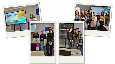 Fotocollage: Bild1 zeigt eine junge Frau vor einem Bildschirm mit dem Logo und dem Schriftzug ‚BrickBuilders‘ sowie der Überschrift ‚Business Pitch‘. Bild 2 zeigt drei junge lächelnde Frauen in einem Seminarraum. Im Hintergrund ist ein Monitor und ein Bild von einem blauen Gemälde zu sehen. Bild 3 zeigt drei junge lächelnde Frauen in einem Seminarraum. Im Hintergrund ist ein großer Monitor mit einer Preistabelle zu sehen. Bild 4 Sieben junge Frauen und eine Seminarleiterin stehen lächelnd in einem Seminarraum. Eine von ihnen hält ein Zertifikat in der Hand. Im Hintergrund ist eine Leinwand mit einer Präsentation und bunten Luftballon-Grafiken zu sehen.