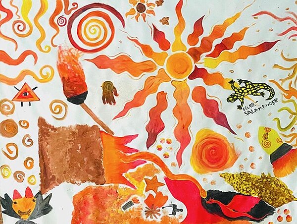 Vernissage in der Christopherus-Schule Farbenfrohe Darstellung von Flammen, Sonne, Spiralen und einem Salamander – alles in leuchtenden Rottönen, Orange und Gelb.Die dynamischen Elemente symbolisieren Hitze, Energie und Kreativität.