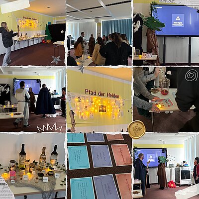 Collage aus mehreren Fotos einer thematisch gestalteten Veranstaltung in einem Seminarraum: Teilnehmende in Kostümen, dekorierte Stationen mit der Aufschrift „Pfad der Helden“, Aufgabenmaterialien sowie stimmungsvoll beleuchtete Tische und Requisiten.