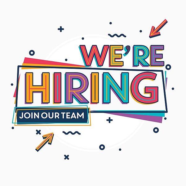 Farbenfrohe Grafik mit kreativer Typografie und dem Schriftzug We're hiring, Join Our Team.