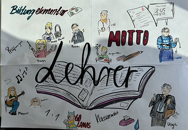 Erzieher*innen 22-2 verabschieden sich ins Abschlusspraktikum mit Mottowoche Ein handgezeichnetes Plakat mit dem großen Schriftzug "Lehrer" in der Mitte. Darum herum sind verschiedene Illustrationen von Lehrpersonen, Schulutensilien und Begriffen wie "Prüfungen", "Klassenarbeit" und "Bildung elementar" angeordnet.