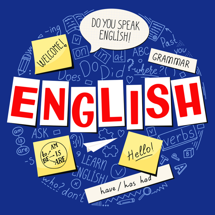 Bildungszeit: Schulenglisch auffrischen in Berlin Auf blauem Hintergrund steht die roten Großbuchstaben das Wort English. Um das Wort herum verschiedene Post-it Zettel und eine Sprechblase mit verschiedenen englischen Wörtern wie Welcome, Hello und mehr.