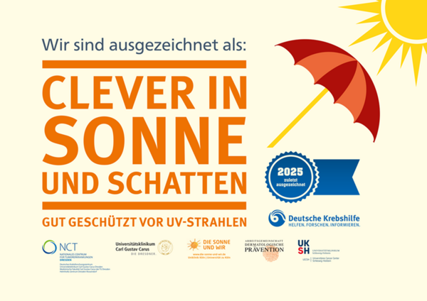 Hellgelbes Auszeichnungsschild des Programmes Clever in Sonne und Schatten, auf dem alle Kooperationspartner genannt, ein Sonnenschirm und eine Sonne abgebildet sind.