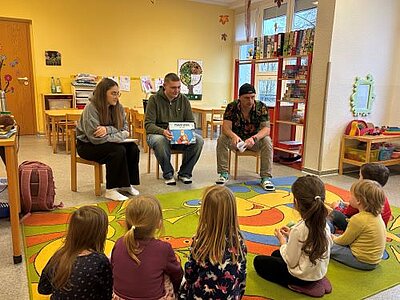 Drei Erwachsene sitzen auf kleine Stühlen vor im Halbkreis auf dem Boden knieenden Kindern. Die Kinder sind von hinten zu sehen. Ein Erwachsener hält ein Buch so in den Händen, dass die Kinder das Buchcover sehen können. Die Einrichtung des Raumes lässt auf eine Kindertagesstätte schließen.