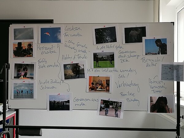Großes Flipchart mit Bildern und vielen handschriftlichen Informationen Rund um das Thema Migration und Flucht.